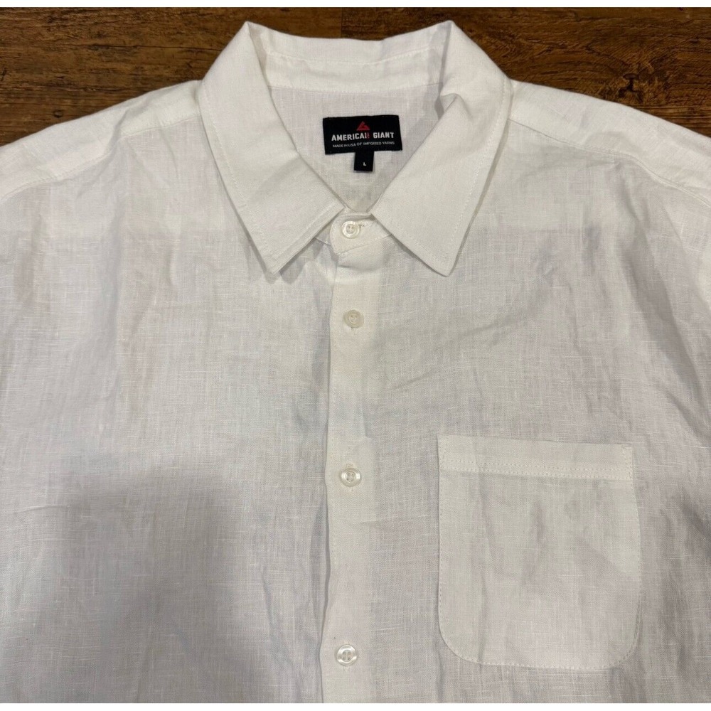 American Giant White Linen Casual Preppy Short Sleeve‎ Button Up Shirt Men Large
